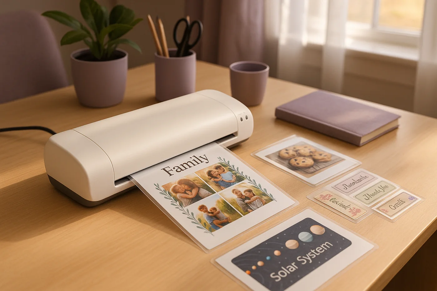 Home laminator machine with family documents, recipe cards, craft labels, and home office materials