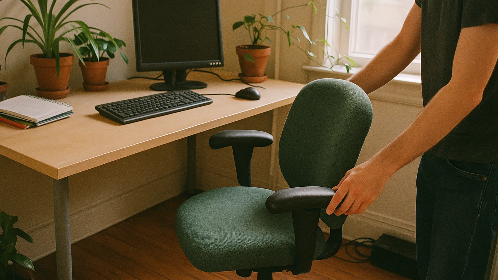 Green ergonomic office chair in a lived-in workspace